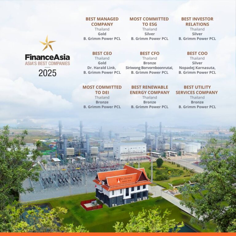 บี.กริม เพาเวอร์ คว้า 9 รางวัลยอดเยี่ยม ประจำปี 2025 จากนิตยสาร FinanceAsia ตอกย้ำผู้ผลิตพลังงานชั้นนำระดับเอเชีย
