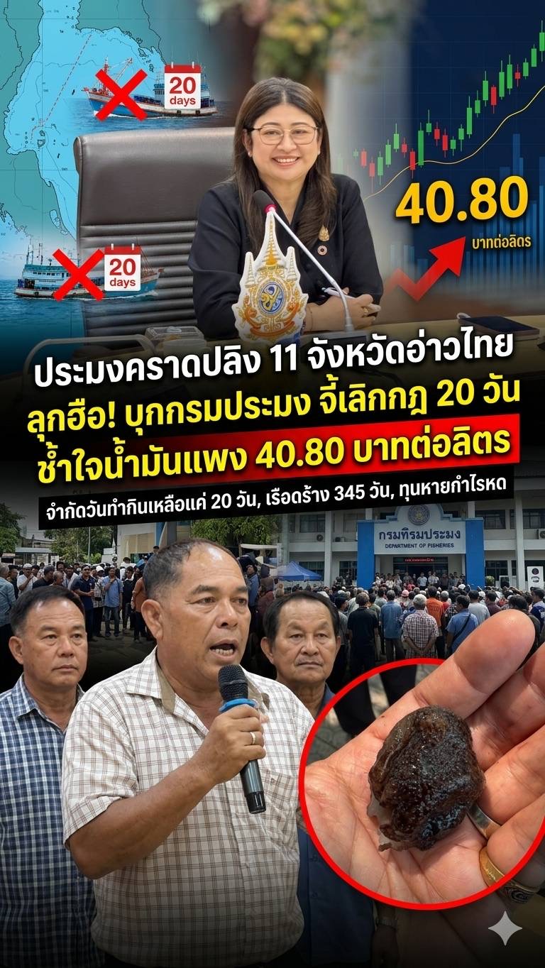 11 จังหวัดลุกฮือ! บุกกรมประมงจี้เลิกกฎ 20 วัน ปล่อยเรือร้าง-น้ำมันพุ่งทำเจ๊งทั้งอ่าว