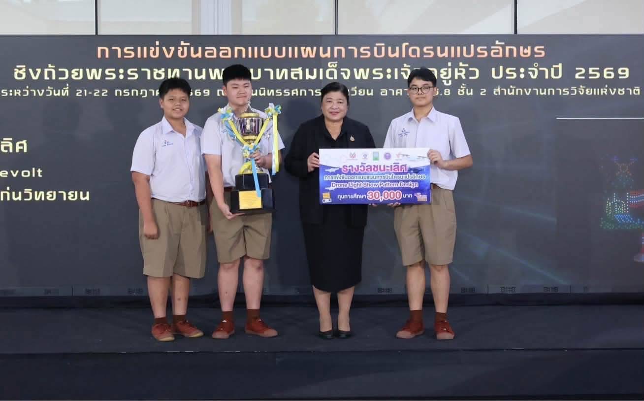 ขอแสดงความยินดีกับสุดยอดทีมเยาวชนไทย จาก โรงเรียนขอนแก่นวิทยายน ชนะเลิศ จากการแข่งขันกว่า 100 ทีม คว้าแชมป์การออกแบบโดรนแปรอักษร ถ้วยพระราชทานพระบาทสมเด็จพระเจ้าอยู่หัว ประจำปี 2569